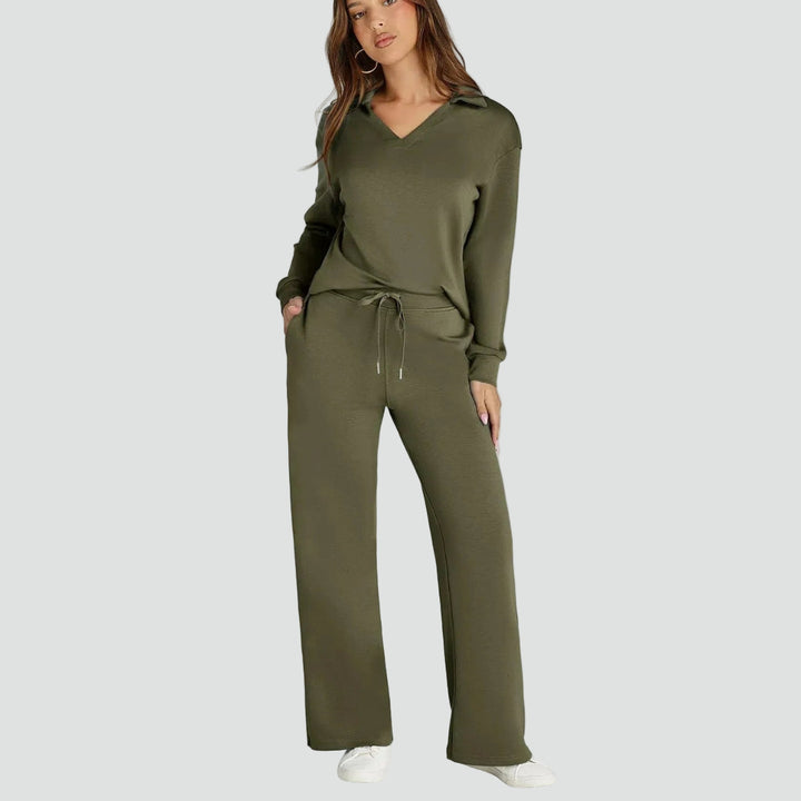 Zestaw homewear damski z kołnierzykiem i szerokimi spodniami