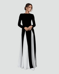 Women's maxi gala dress with long sleeves and contrasting panels