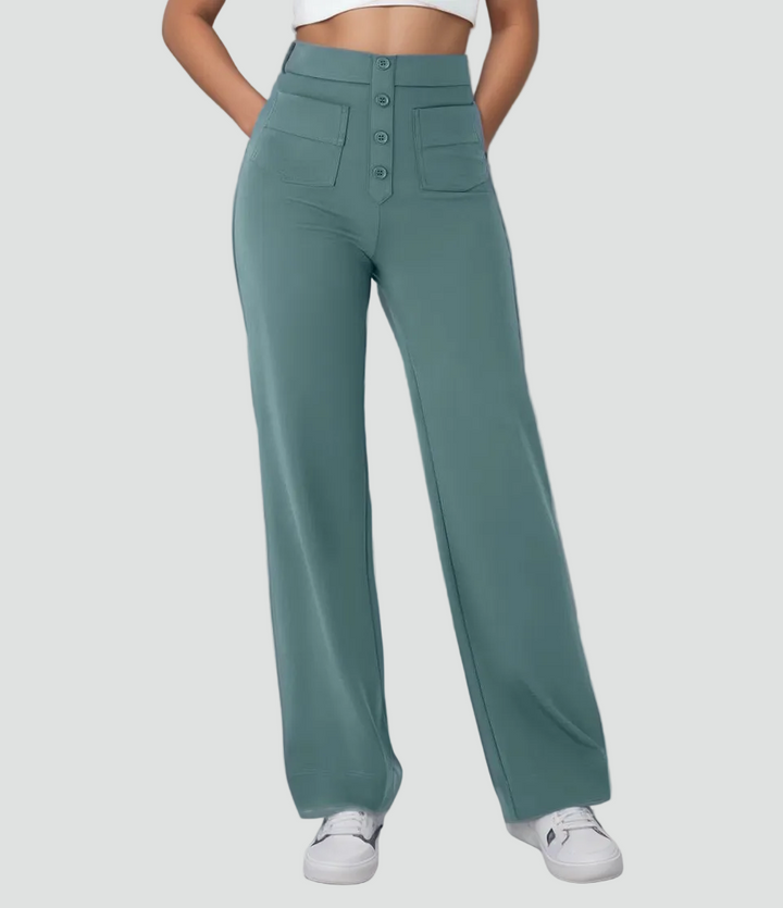 Damskie spodnie z wysokim stanem zapinane na guziki