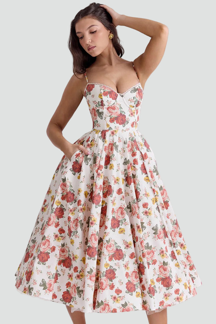 Elegancka sukienka koktajlowa midi damska z gorsetową górą