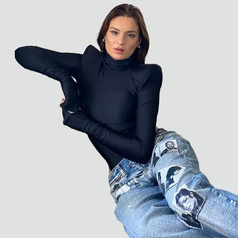 Stylish turtleneck bodysuit with shoulder pads for women