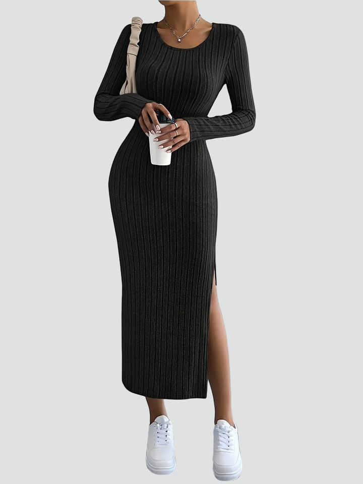 Geribbelde maxi feestjurk met split