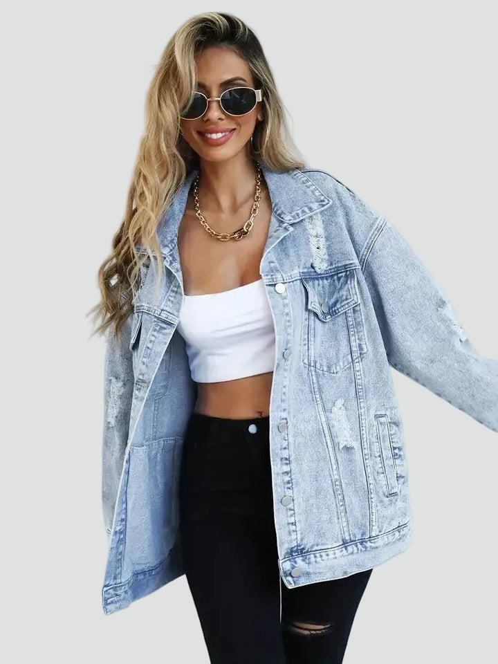 Oversized women's denim jacket with distressing for everyday wear