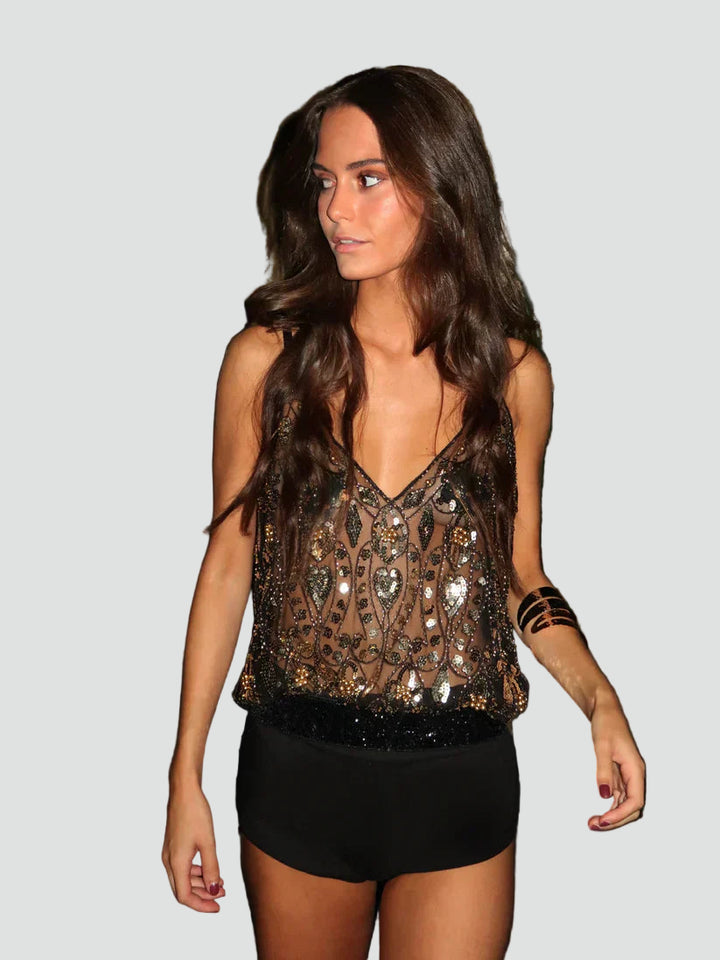 Prześwitujący wieczorowy top damski z cekinami na imprezę