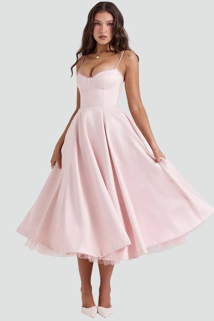 Elegancka sukienka koktajlowa midi damska z gorsetową górą