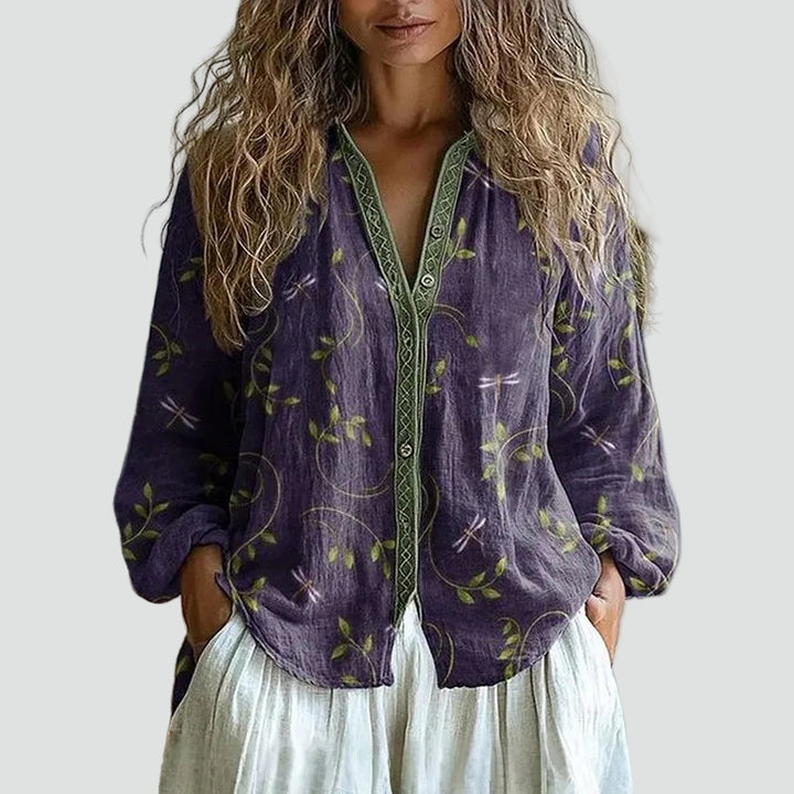 Dames blouse bohemien wijdvallend met lange mouw en V-hals