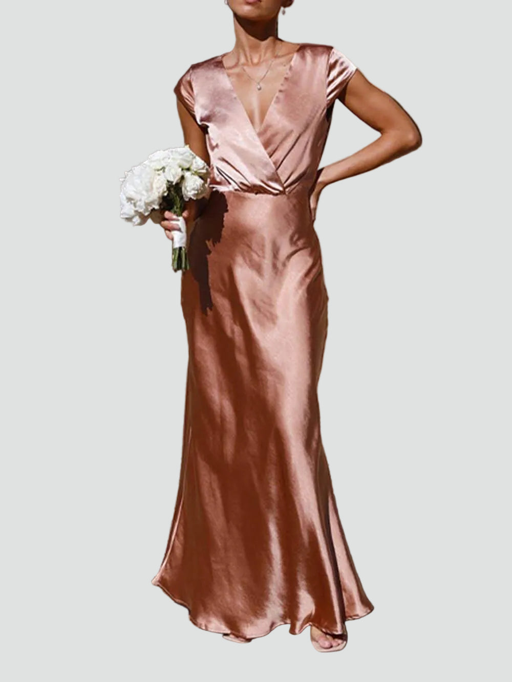Robe longue satinée pour femme, soirée, cérémonie, décolleté en V, gala