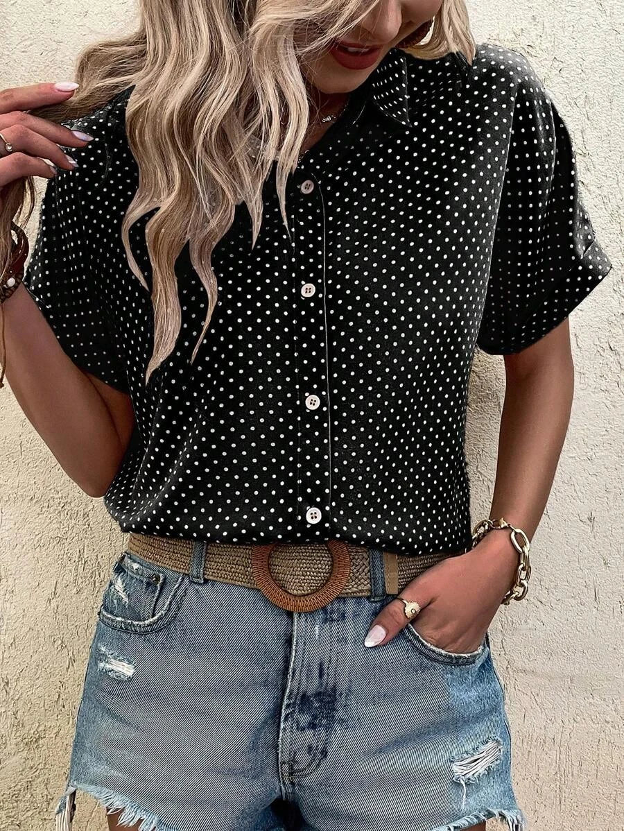 Modna Stylowa Damska Bluzka z krótkim rękawem w kropki