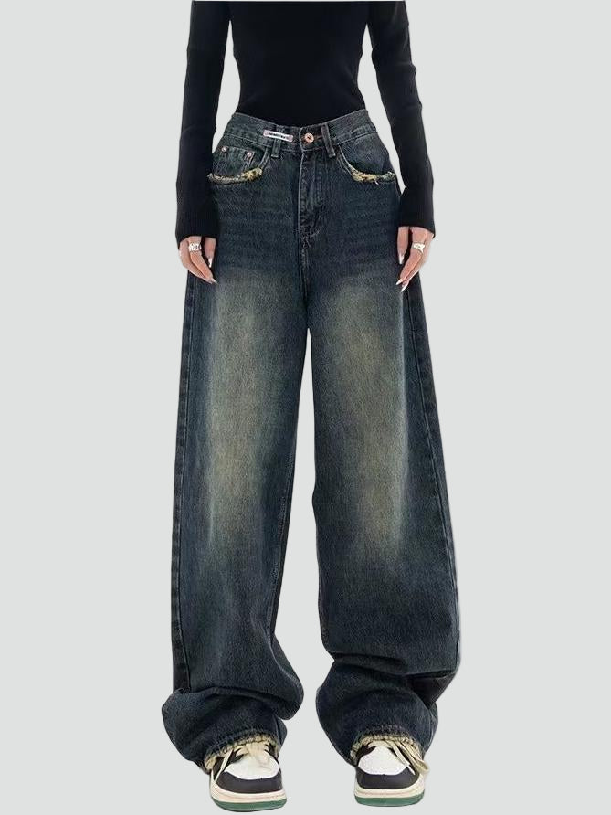 Jeansy wide leg damskie baggy z efektem sprania