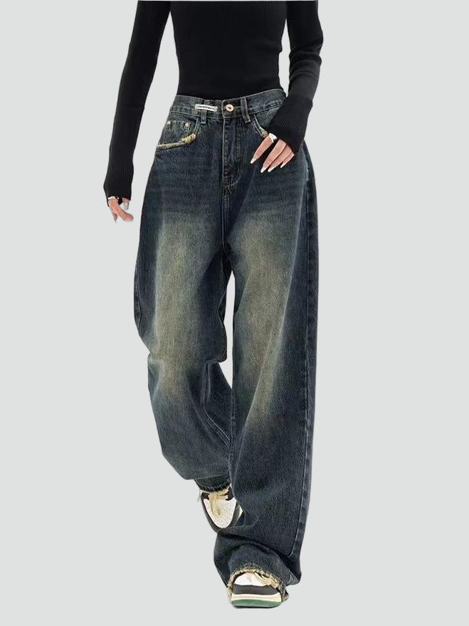 Jeansy wide leg damskie baggy z efektem sprania