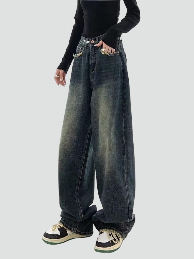 Jeansy wide leg damskie baggy z efektem sprania