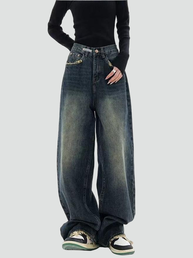 Jeansy wide leg damskie baggy z efektem sprania