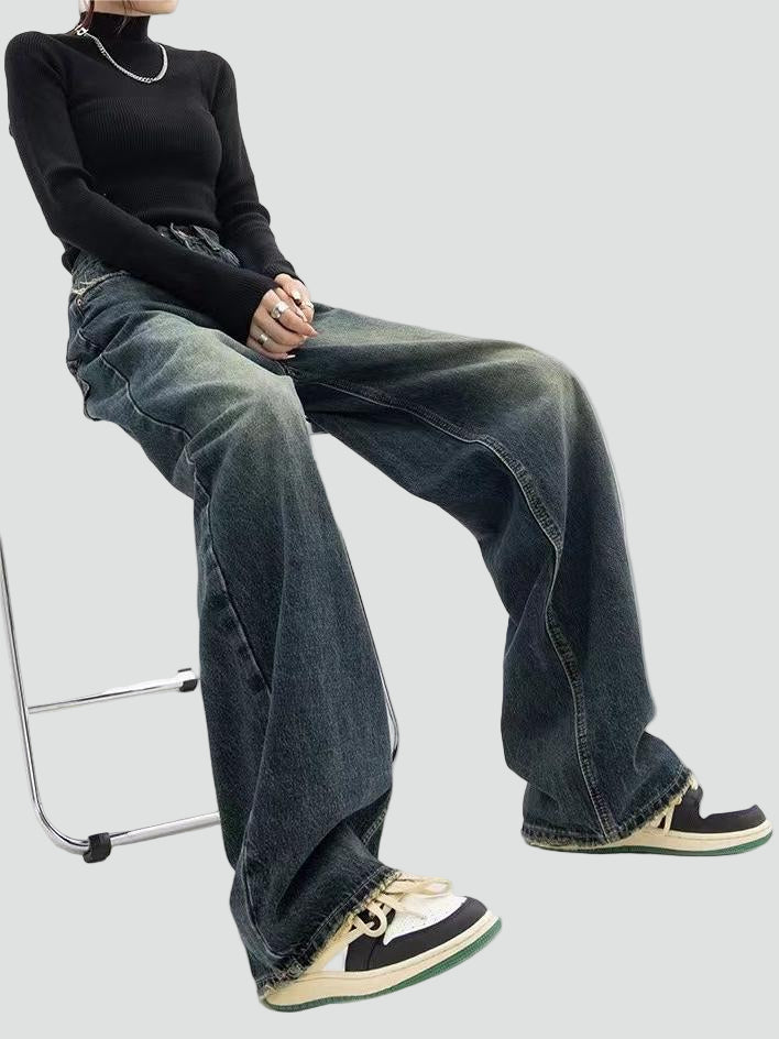 Jeansy wide leg damskie baggy z efektem sprania