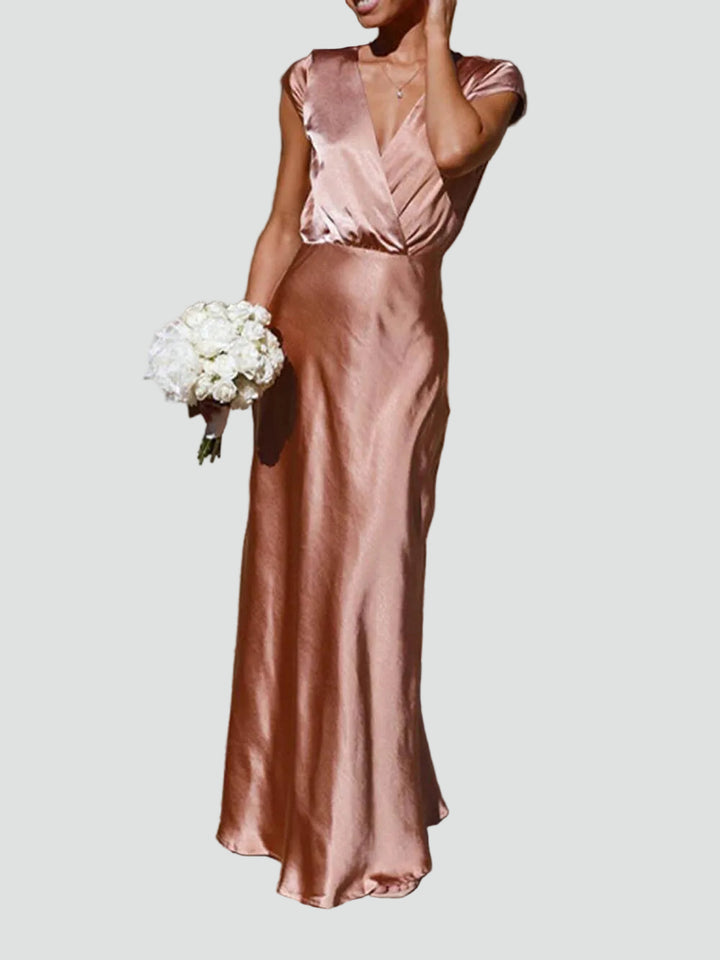 Robe longue satinée pour femme, soirée, cérémonie, décolleté en V, gala