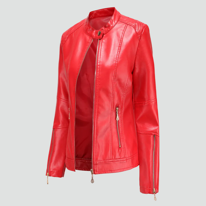 Women's biker jacket made of eco-friendly leather with zipper and stand-up collar