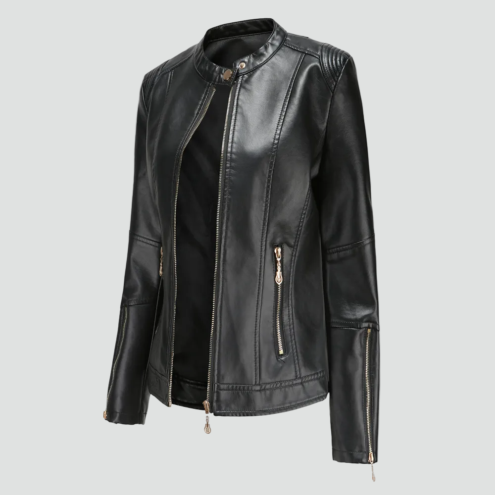 Women's biker jacket made of eco-friendly leather with zipper and stand-up collar