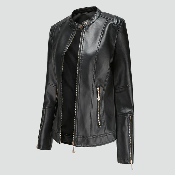 Women's biker jacket made of eco-friendly leather with zipper and stand-up collar