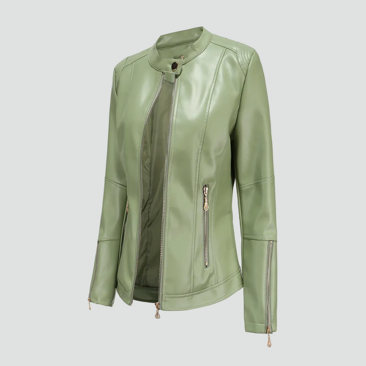 Women's biker jacket made of eco-friendly leather with zipper and stand-up collar
