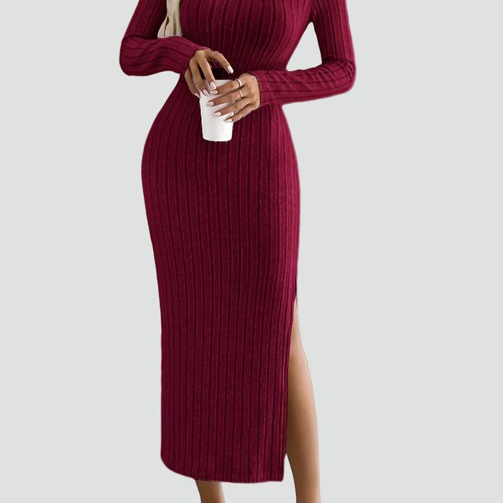 Geribbelde maxi feestjurk met split