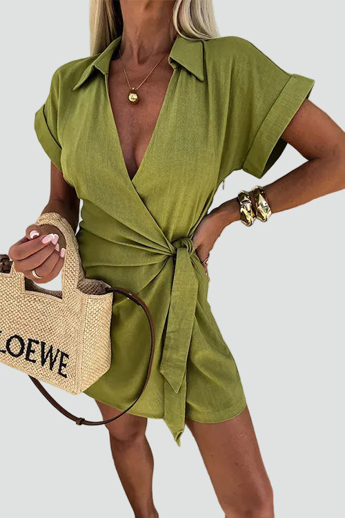 Summer women's skort shirt jumpsuit with waist tie