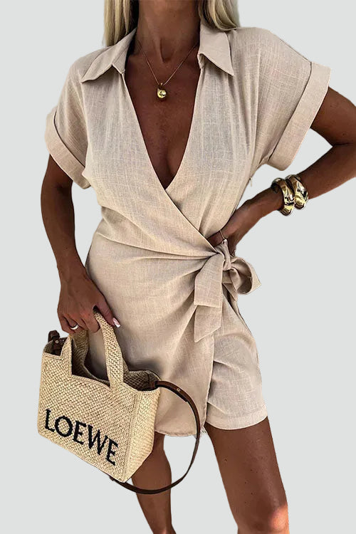 Summer women's skort shirt jumpsuit with waist tie