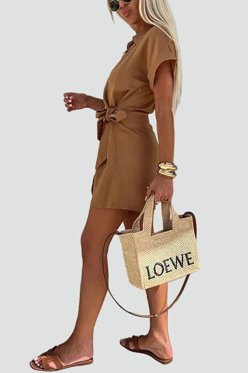 Summer women's skort shirt jumpsuit with waist tie