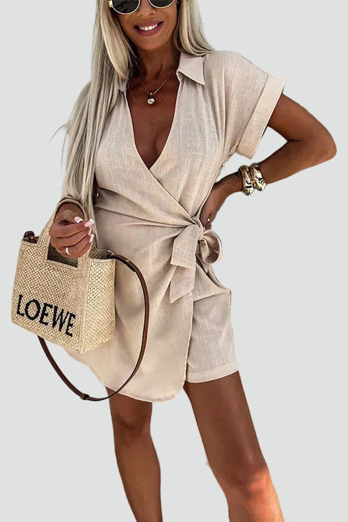 Summer women's skort shirt jumpsuit with waist tie