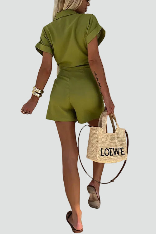 Summer women's skort shirt jumpsuit with waist tie