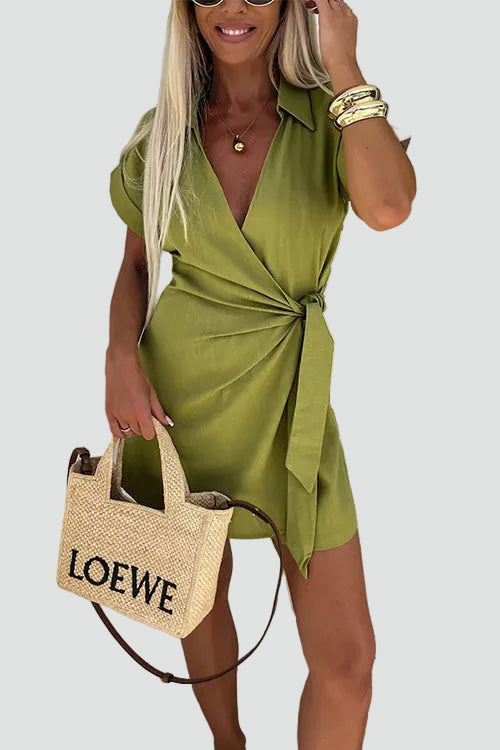 Summer women's skort shirt jumpsuit with waist tie