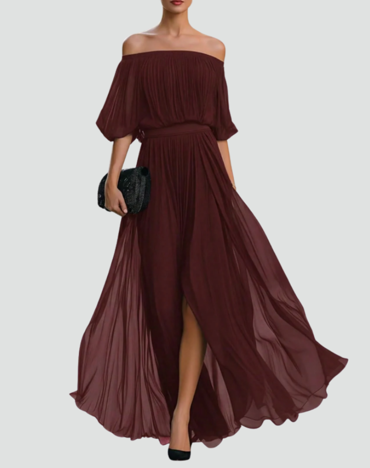 Maxi dress for a wedding with off-the-shoulder design and a pleated skirt