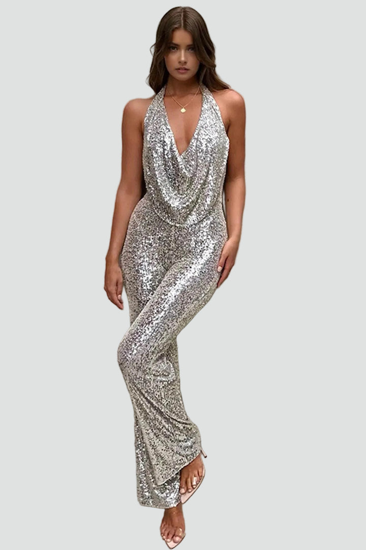 Evening jumpsuit with sequins and cowl neckline