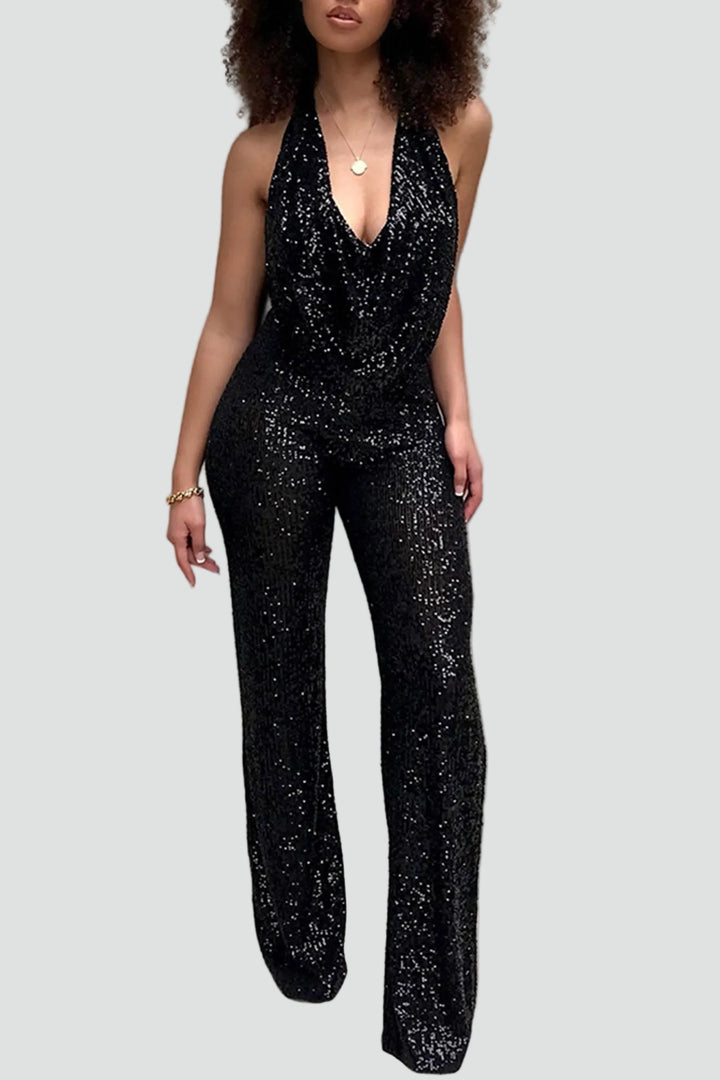 Evening jumpsuit with sequins and cowl neckline
