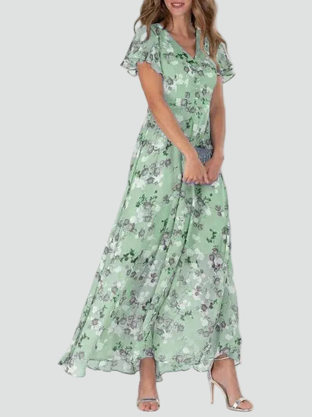 Robe longue pour femme à fleurs avec volant et encolure en V