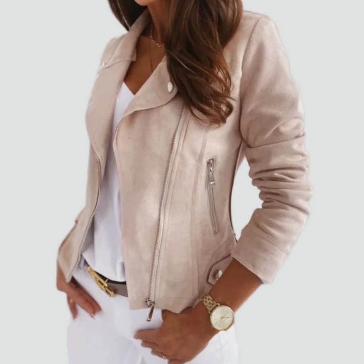 Women's suede look biker jacket with asymmetric zipper