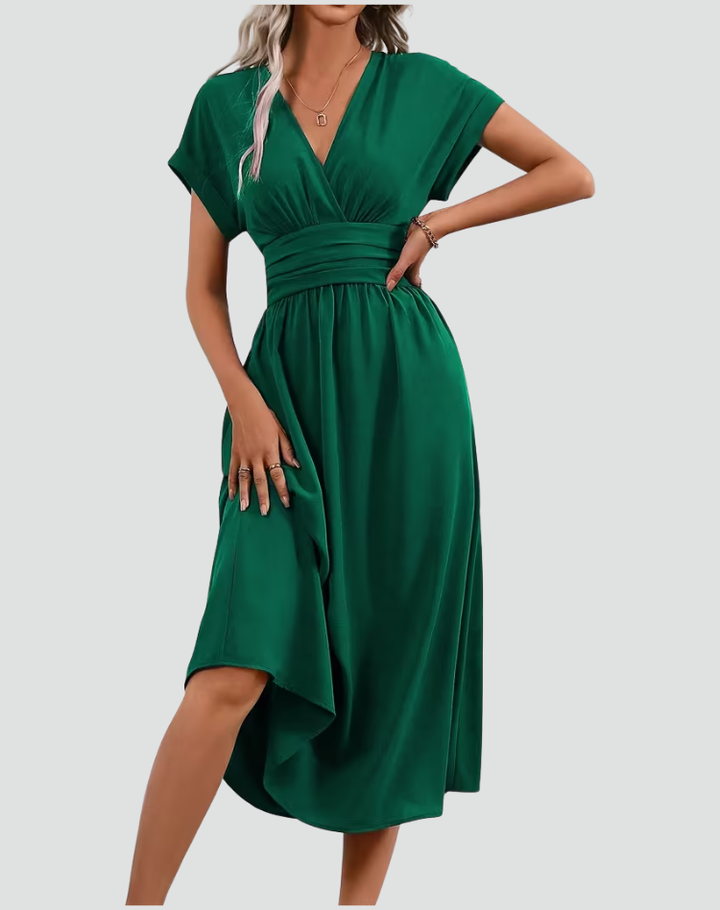 Green Midi Dress with a V-Neckline and Ruched Waist