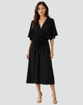 Flowy midi gala dress with a wrap neckline and tie