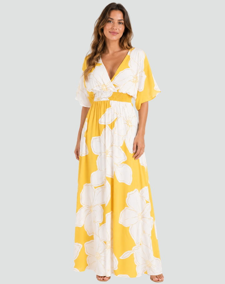Yellow maxi dress with large flowers, kimono sleeves, and V-neckline