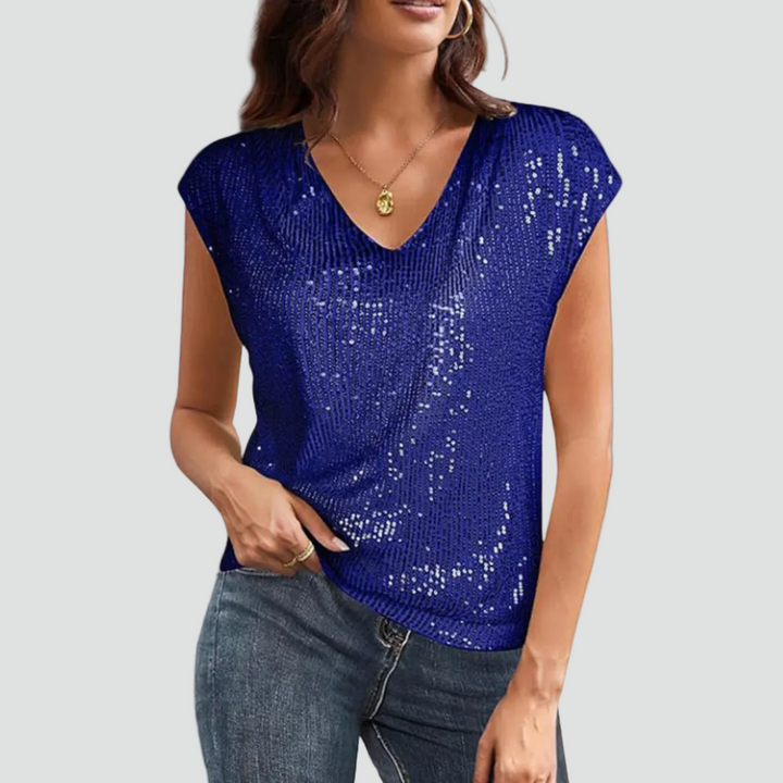 Evening sequin blouse with V-neck and short sleeves