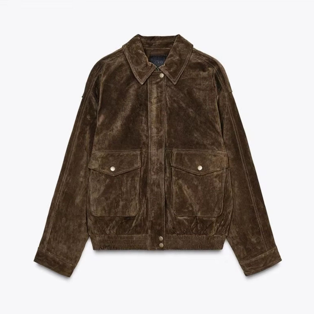 Women's oversized suede bomber jacket with zipper for everyday wear
