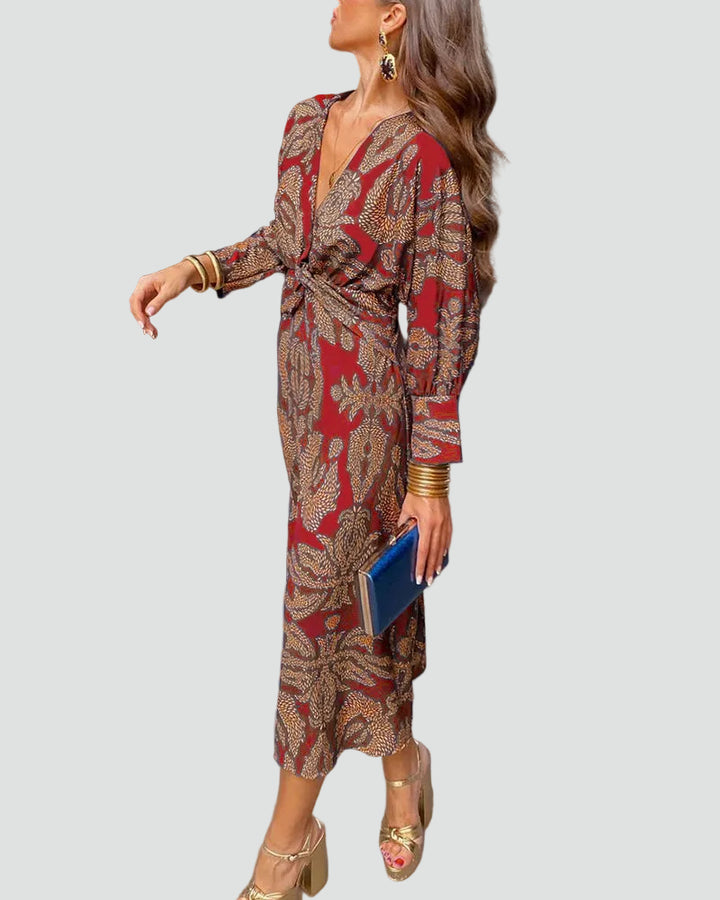 Damska sukienka midi koktajlowa kopertowa z długim rękawem