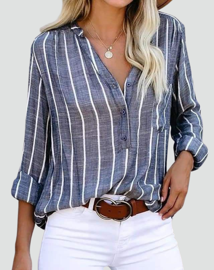 Dames overhemdblouse met strepen, lange mouwen en V-hals
