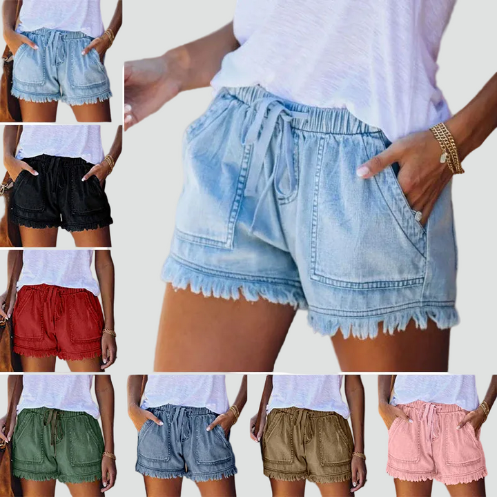 Summer shorts with tie and pockets with frayed hem
