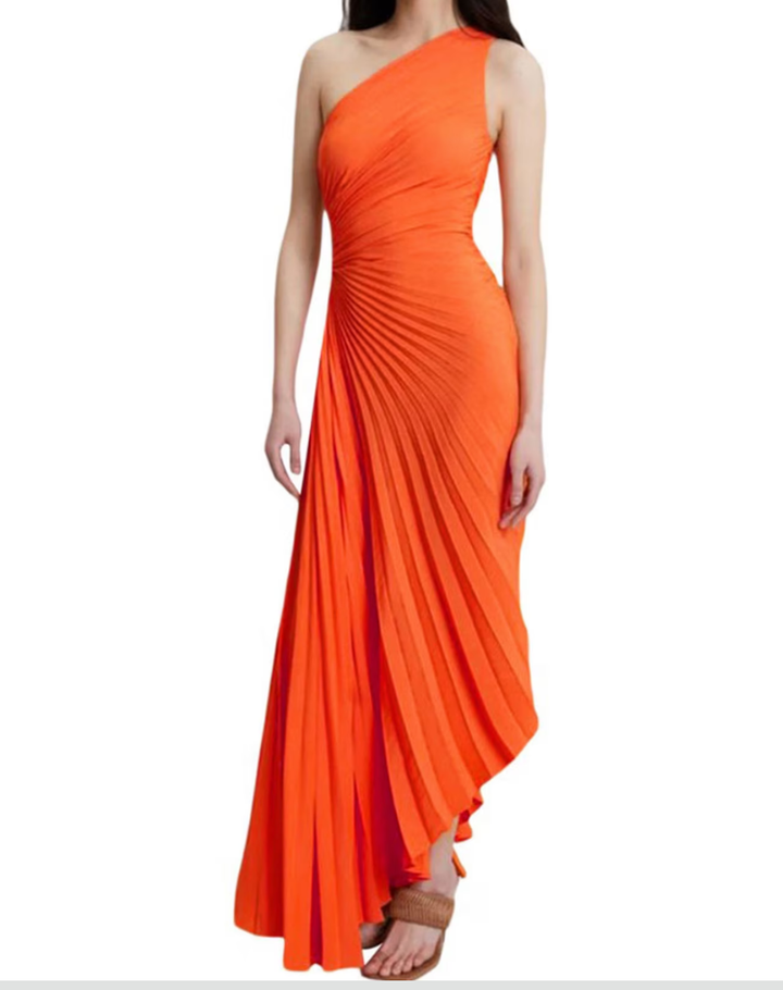 Maxi dress with an asymmetrical neckline, perfect for a wedding