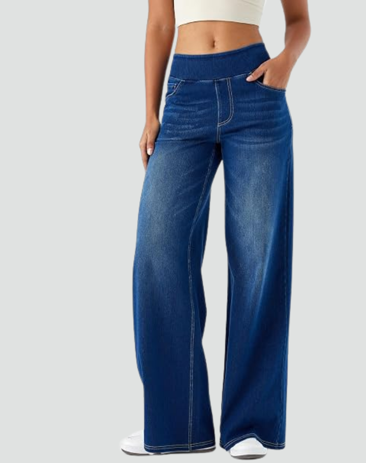 Dames spijkerbroek met hoge taille, wijde pijpen, rekbaar