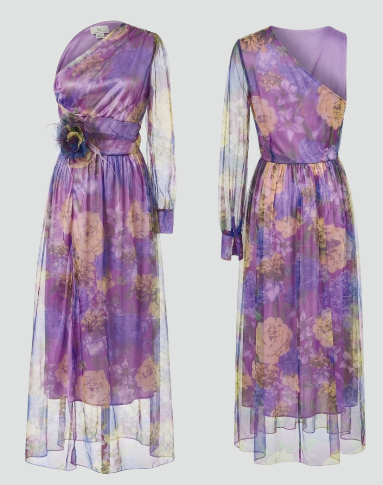 Purple one-shoulder maxi dress with floral print