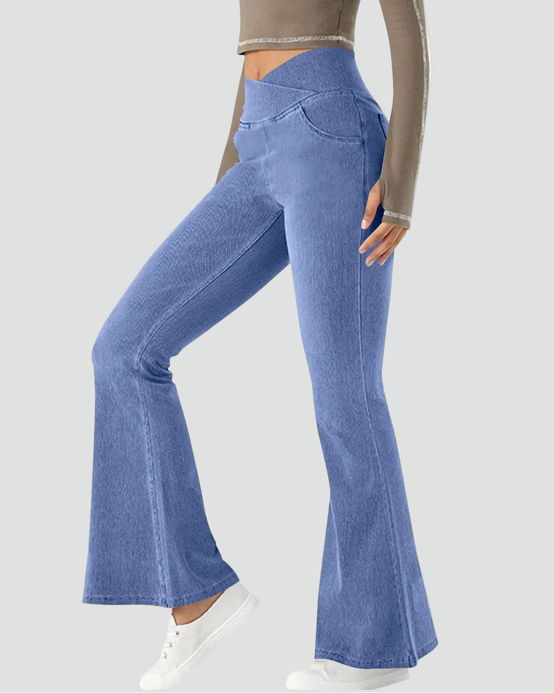 Elastyczne damskie jeansy dzwony z wysokim stanem