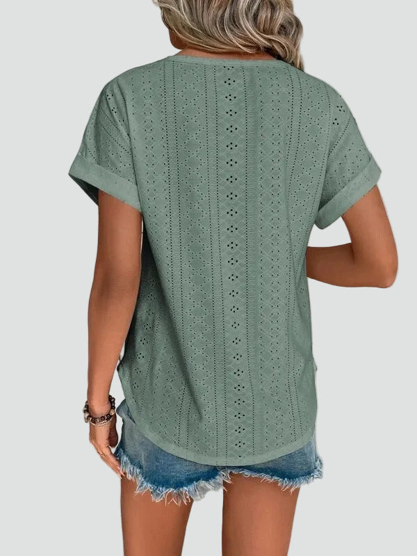 Lace short-sleeve blouse with a round neckline