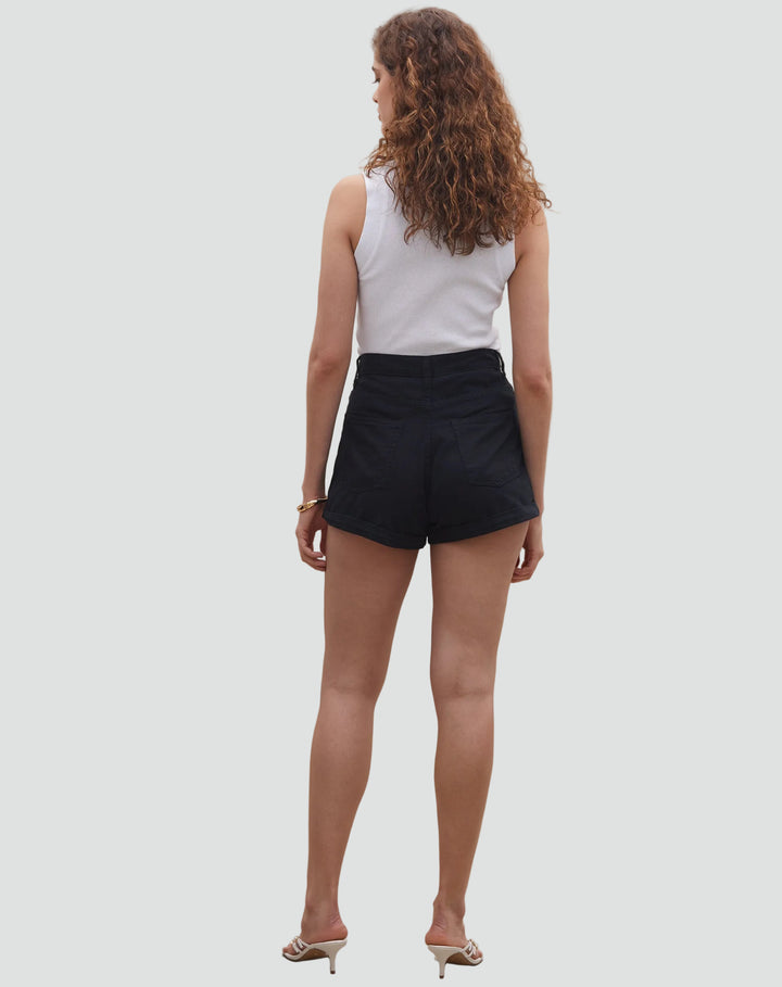 Black rolled-up denim shorts for women