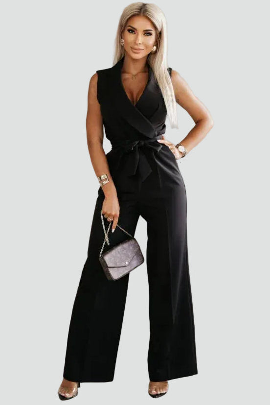 Stylowy elegancki damski kombinezon z paskiem w talii