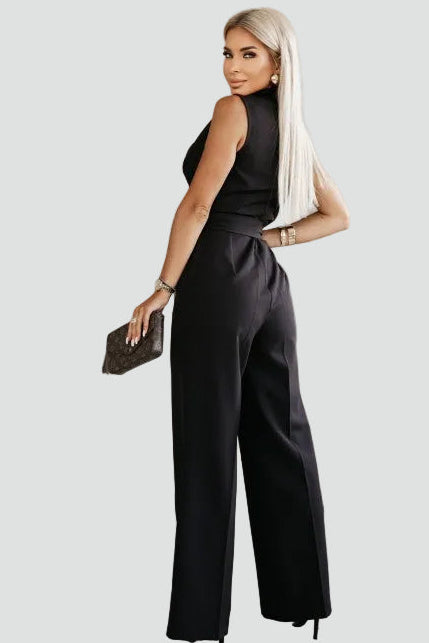 Stylowy elegancki damski kombinezon z paskiem w talii